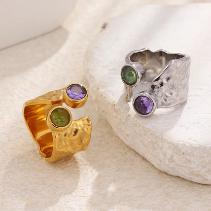 MamacitaSlay 316L Stainless Steel Hammered Texture Asymmetric Zircon Ring 18K Gold Plated Waterproof Vintage Jewelry For Women