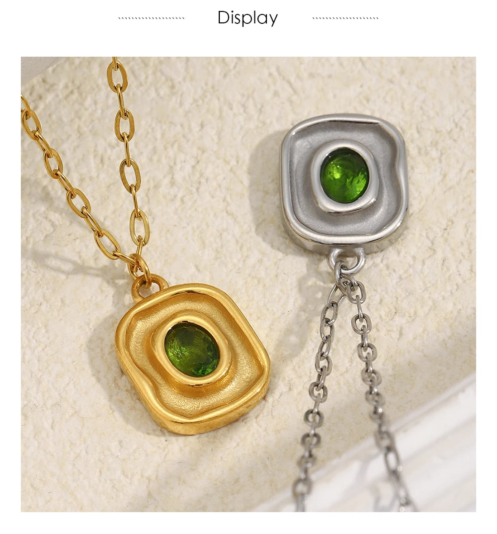 MamacitaSlay Retro Irregular Pendant Round Green Zircon Paper Clip Chain Women's Necklace Trendy Women's Stainless Steel Jewelry