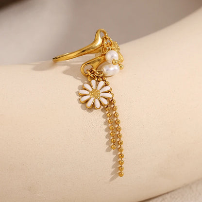 MamacitaSlay 316L Stainless Steel Pearl Flower Insect Tassel Ring Creative Waterproof Jewelry Women's Elegant Adjustable Ring