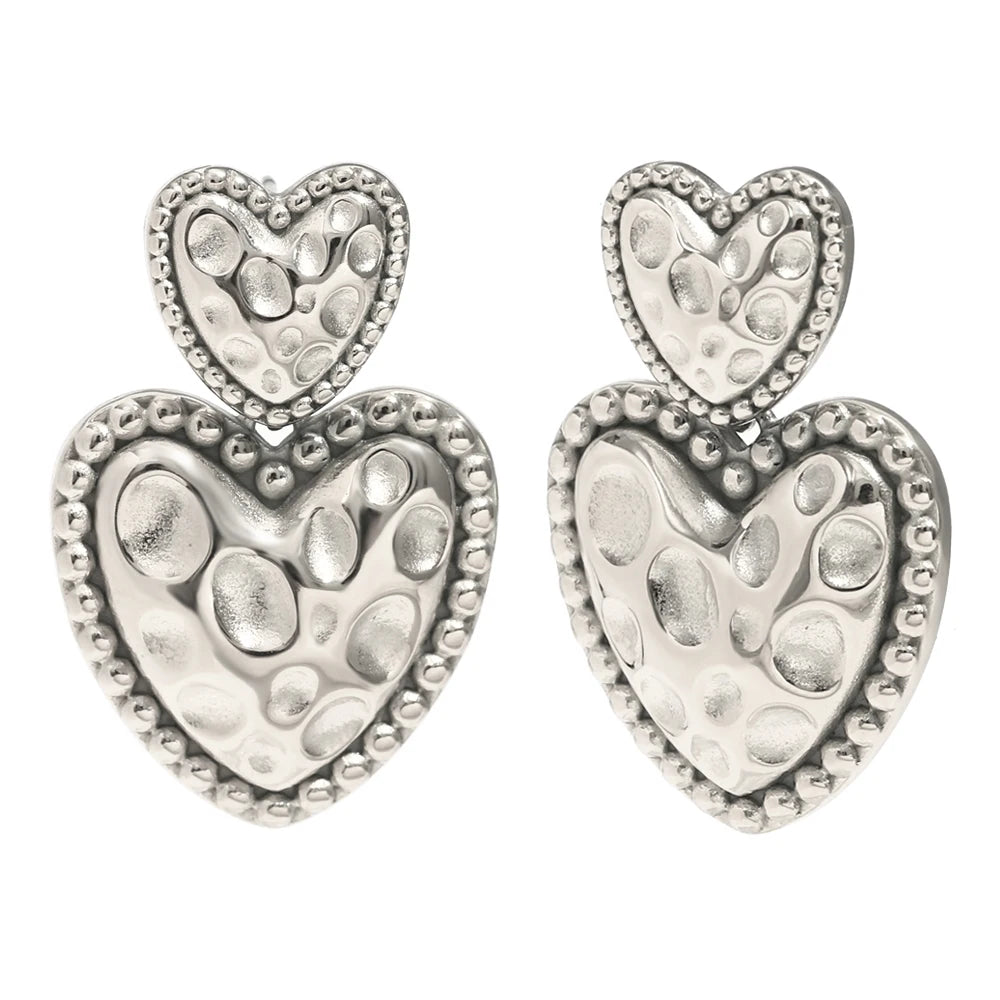 MamacitaSlay Vintage 316L Stainless Steel Hammered Double Heart Earrings 18K Gold Plated Waterproof Jewelry For Women Daily Wear