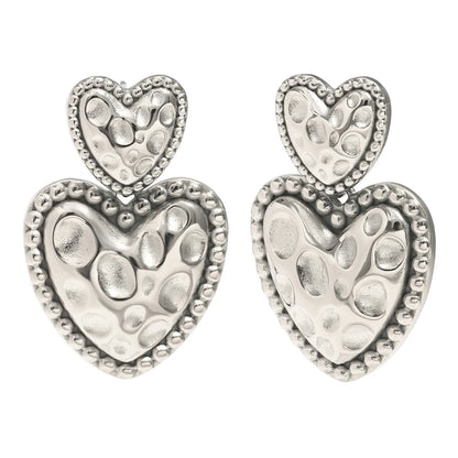 MamacitaSlay Vintage 316L Stainless Steel Hammered Double Heart Earrings 18K Gold Plated Waterproof Jewelry For Women Daily Wear