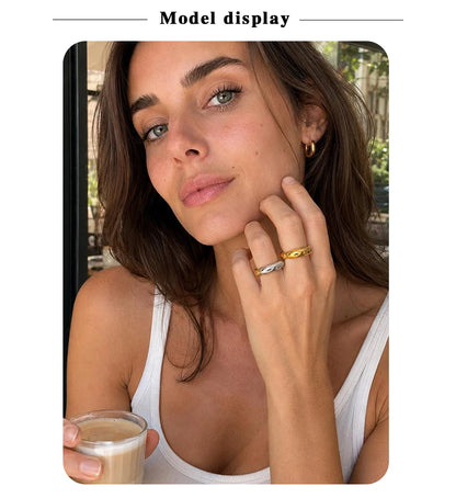 MamacitaSlay 316L Stainless Steel Mixed Color Line Smile Ring 18K Gold Plated Waterproof Jewelry For Women Trendy Daily Wear