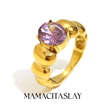 MamacitaSlay Classic 316L Stainless Steel Oval Multicolor Zircon Ring 18K Gold Plated Waterproof Jewelry For Women Everyday Wear