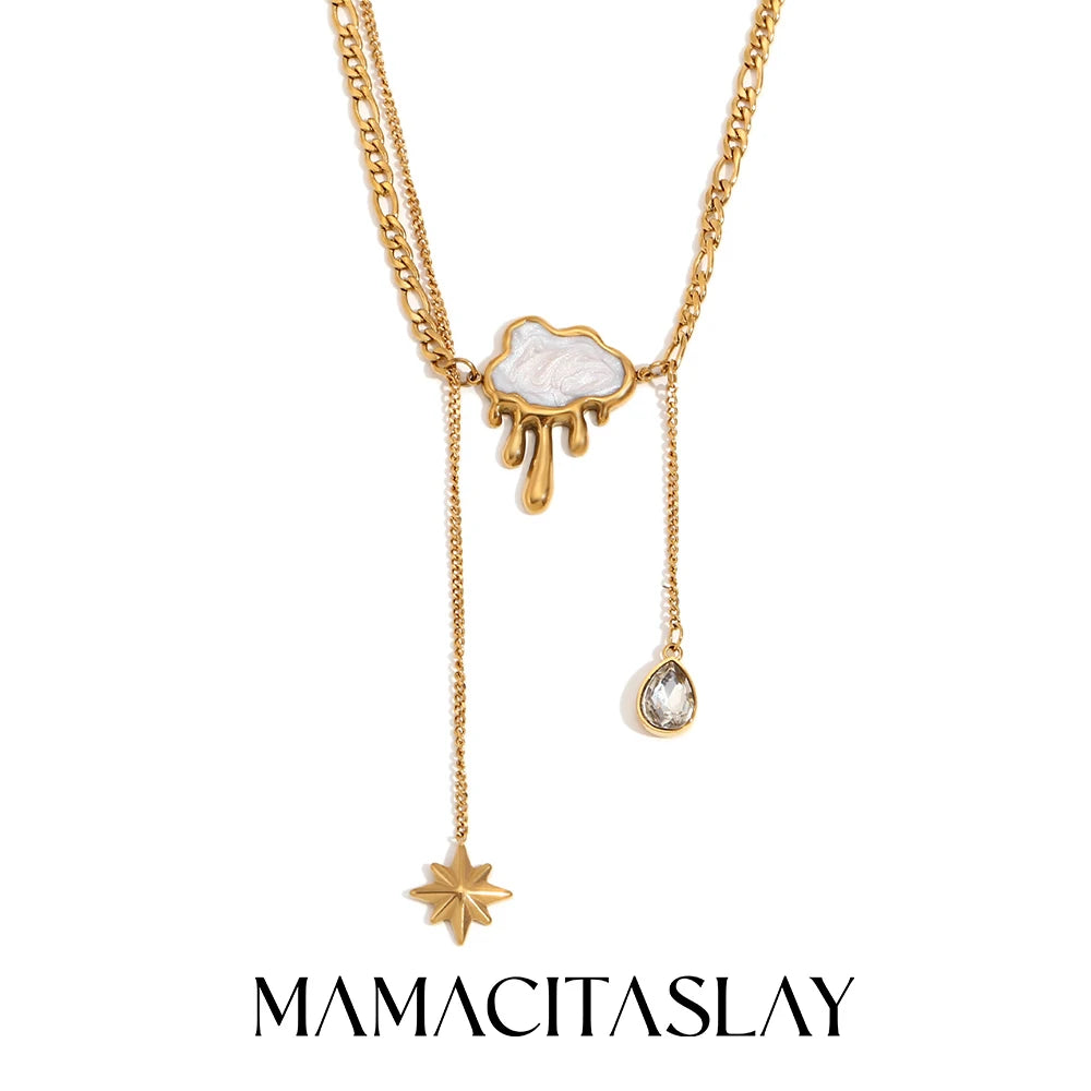 MamacitaSlay Exclusive 18K Gold Plated Stainless Steel Cloud Tassel Star Necklace Waterproof Jewelry Women's Collarbone Chain