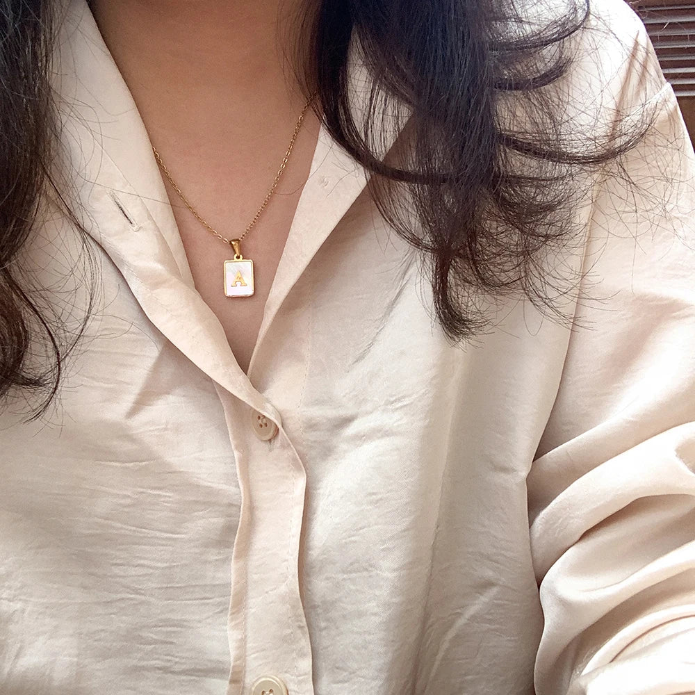 MamacitaSlay 18K Gold Plated Chain Necklaces Male Square Shell Letters Necklaces 316L Stainless Steel Jewelry For Women Gift
