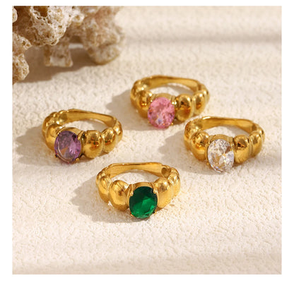 MamacitaSlay Classic 316L Stainless Steel Oval Multicolor Zircon Ring 18K Gold Plated Waterproof Jewelry For Women Everyday Wear