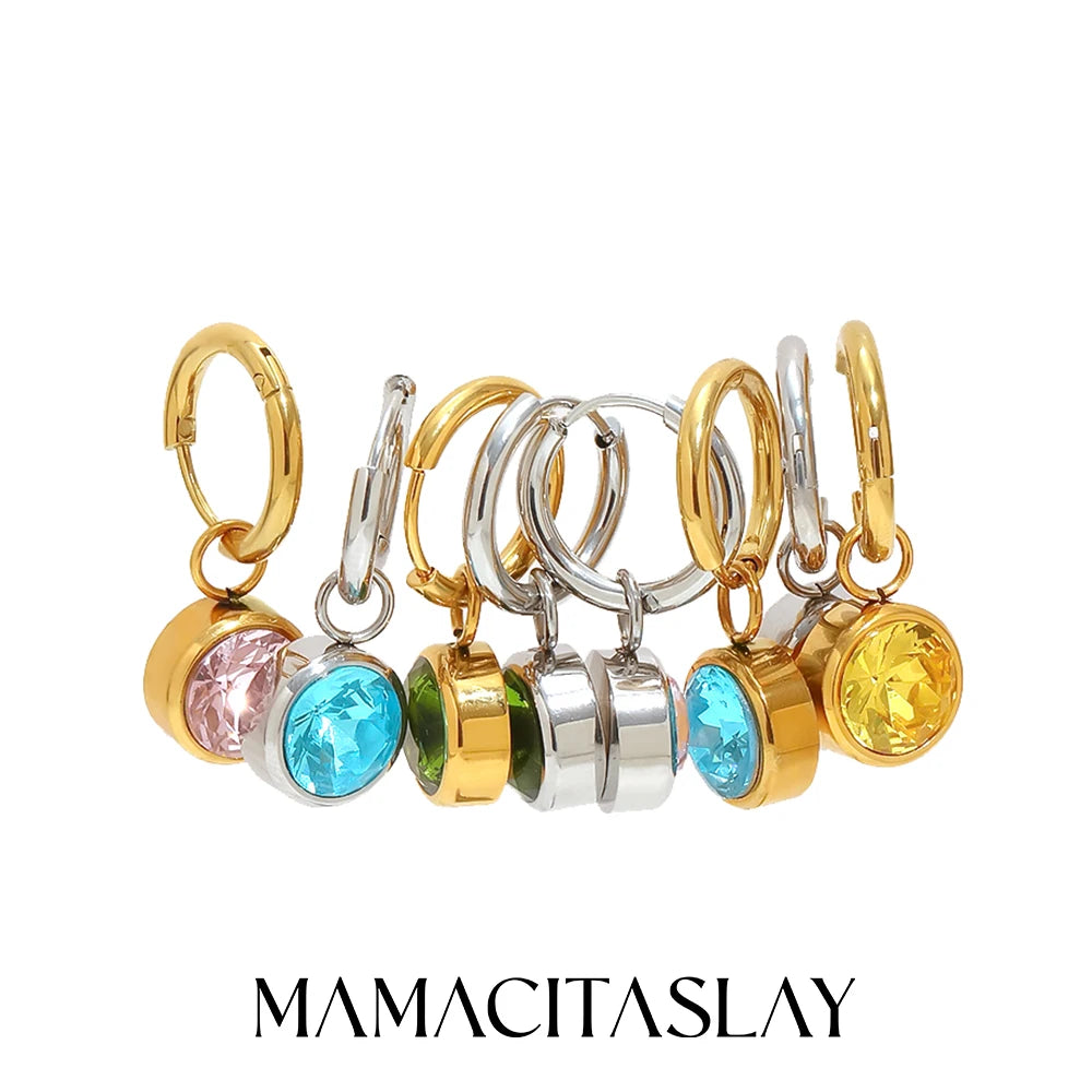 MamacitaSlay 316L Stainless Steel Multicolor Round Zircon Hoop Earrings 18K Gold Plated Waterproof Minimalist Jewelry For Women