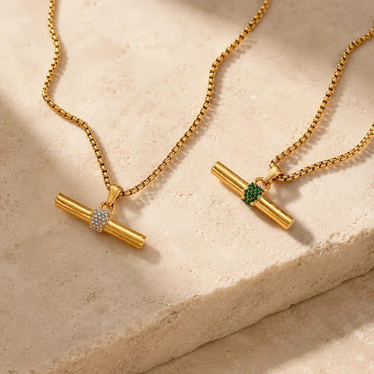 Inner Ziva Bohemian 316L Stainless Steel CZ Pendant T Bar Necklace 18K Gold Plated Waterproof Minimalist Jewelry For Women Men