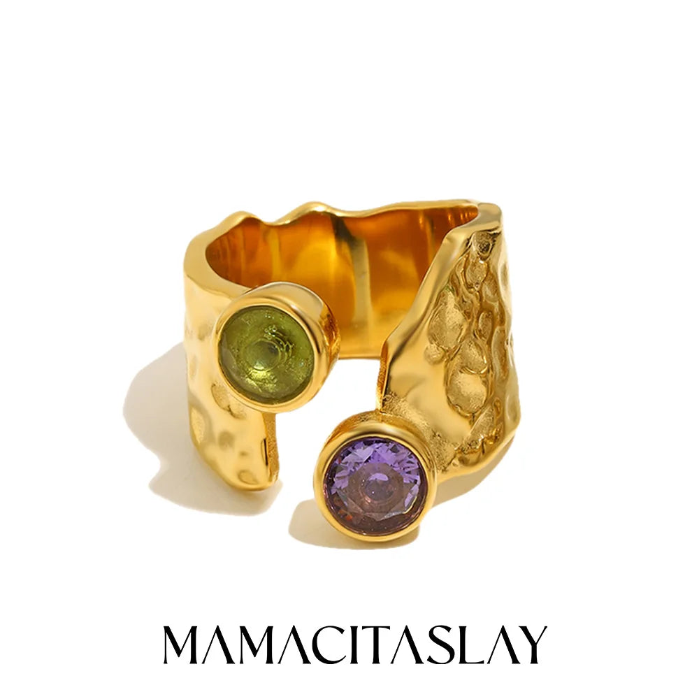 MamacitaSlay 316L Stainless Steel Hammered Texture Asymmetric Zircon Ring 18K Gold Plated Waterproof Vintage Jewelry For Women