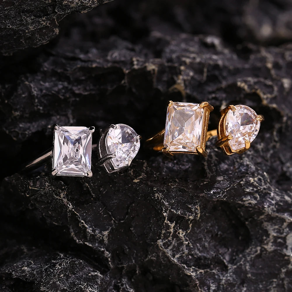 MamacitaSlay 316L Stainless Steel Zircon Asymmetric Adjustable Ring 18K Gold Plated Waterproof Jewelry For Women Trendy Ring