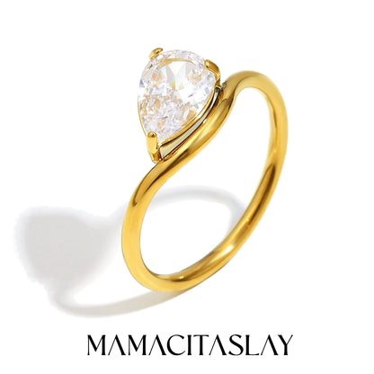 MamacitaSlay 316L Stainless Steel Water Drop Circular Triangle Zircon Wave Ring 18K Gold Plated Waterproof Jewelry For Women
