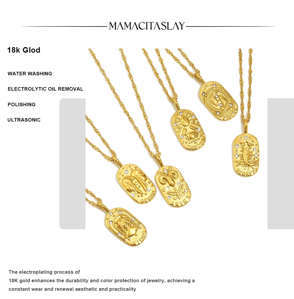 MamacitaSlay 316L Stainless Steel Zircon 12 Constellation Tarot Card Necklace 18K Gold Plated Waterproof Jewelry Women's Gifts