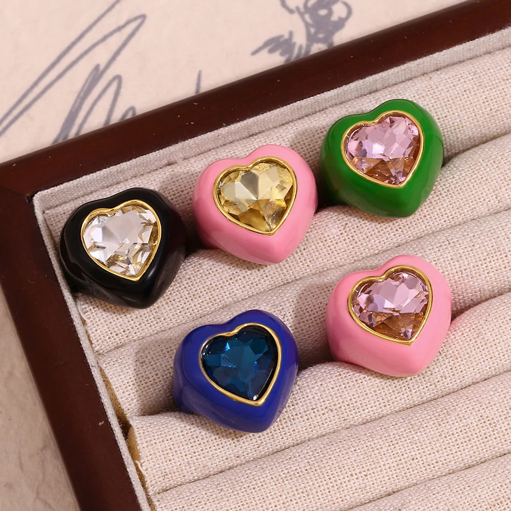 MamacitaSlay Sweet and Colorful Enamel Stainless Steel Heart Rhinestone Open Ring Party Trend Waterproof Jewelry Women's Gift