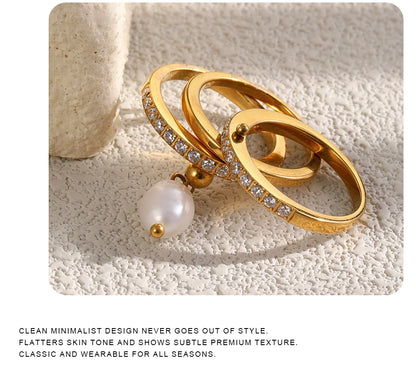 MamacitaSlay 316L Stainless Steel Baroque Pearl Zircon Ring 18K Gold Plated Waterproof Casual Statement Jewelry For Women Gift