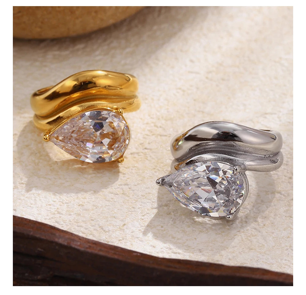 Mamacitaslay 316L Stainless Steel Pear Cut Zircon Geometric Ring 18K Gold Plated Waterproof Jewelry For Women Banquet Party Wear