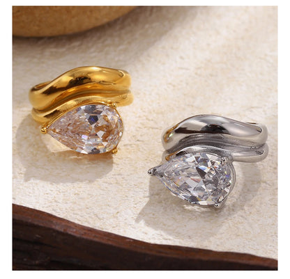 Mamacitaslay 316L Stainless Steel Pear Cut Zircon Geometric Ring 18K Gold Plated Waterproof Jewelry For Women Banquet Party Wear