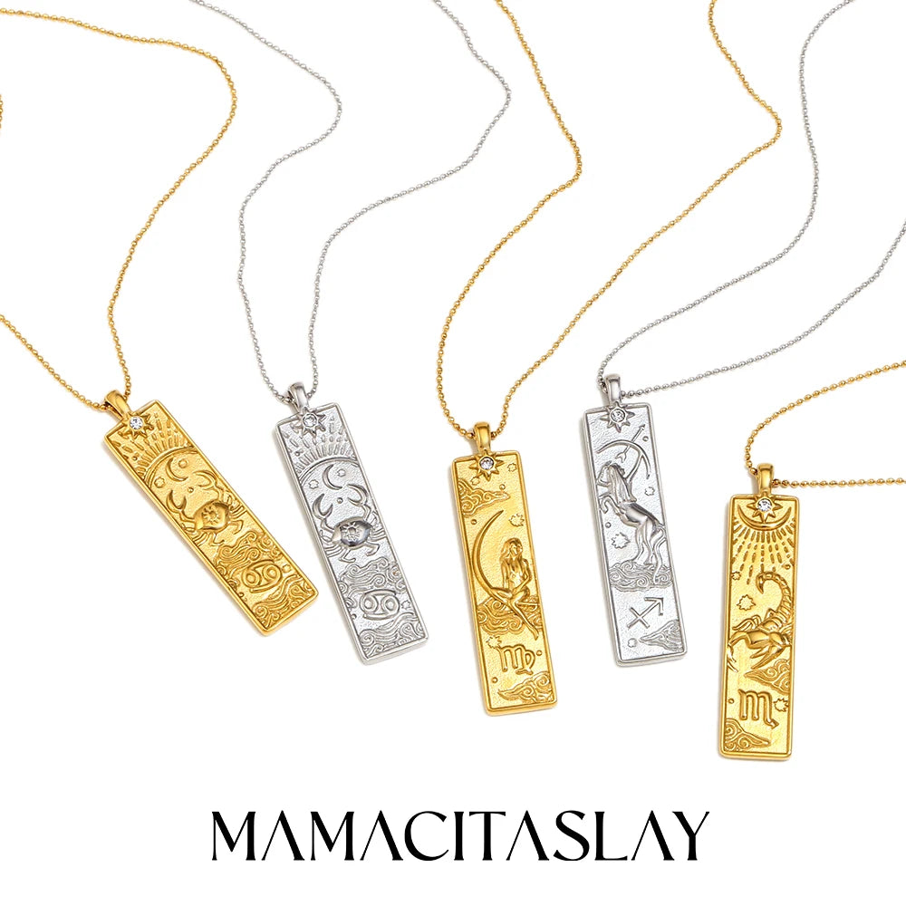 MamacitaSlay 316L Stainless Steel Zodiac Sign Rectangle Pendant Necklace 18K Gold Plated Waterproof Jewelry For Women Daily Wear