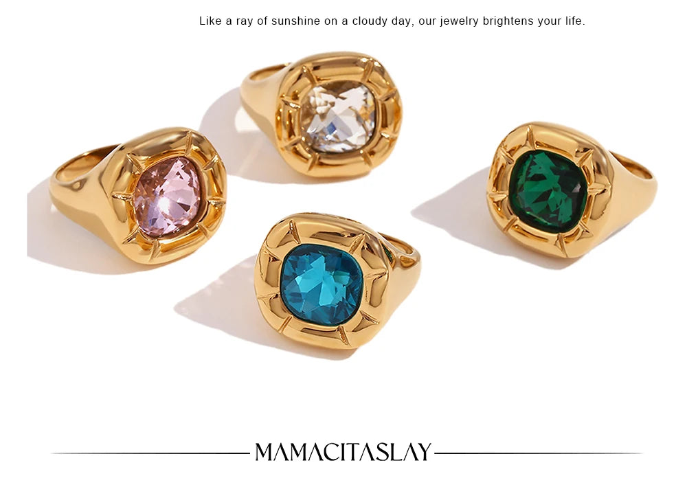 MamacitaSlay 18K Gold Plated Stainless Steel Rounded Square Zircon Necklace Earring Ring Women's Fashionable Waterproof Jewelry