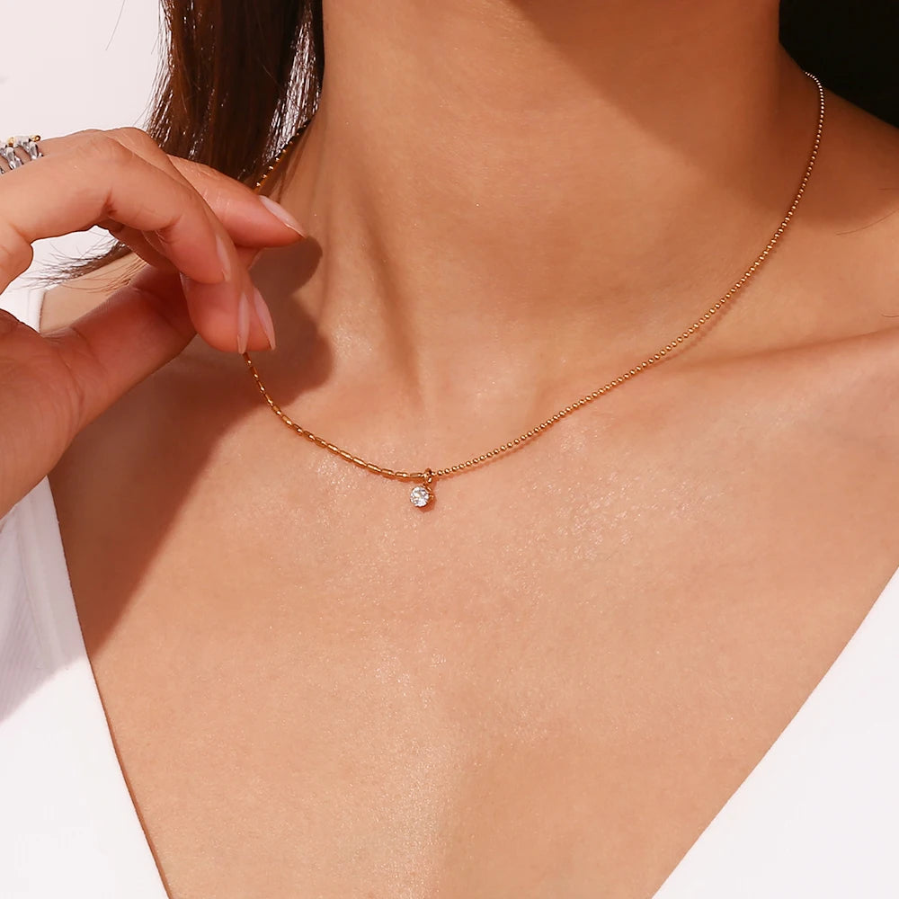 MamacitaSlay Elegant Half Rice Beads Chain Half Round Beads Chain Shiny Round Zircon Pendant Women's Stainless Steel Necklace