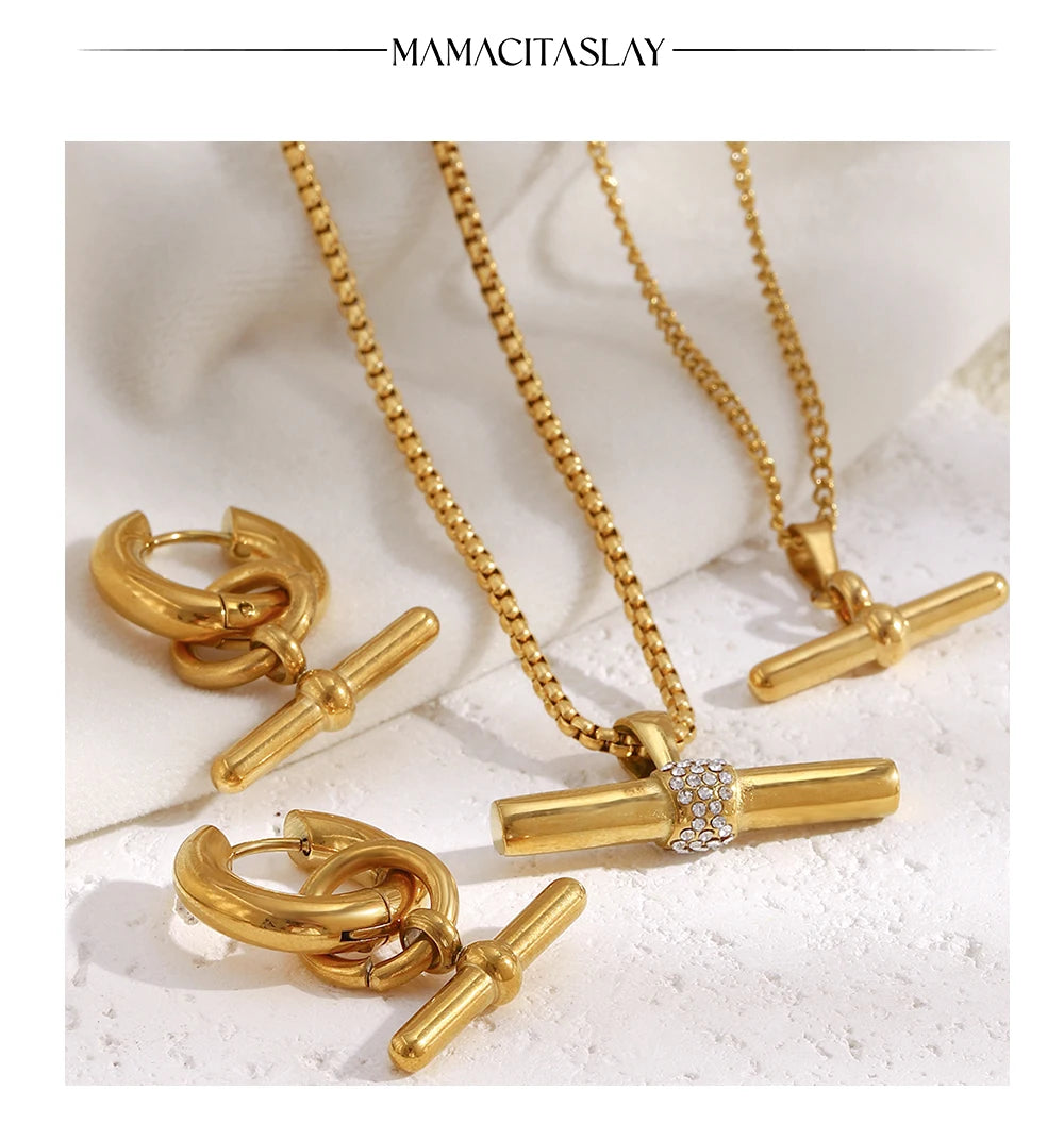 MamacitaSlay 316L Stainless Steel T-Bar Pendant Necklace Earrings Waterproof 18K Gold Plated Jewelry Women's Earrings Necklace