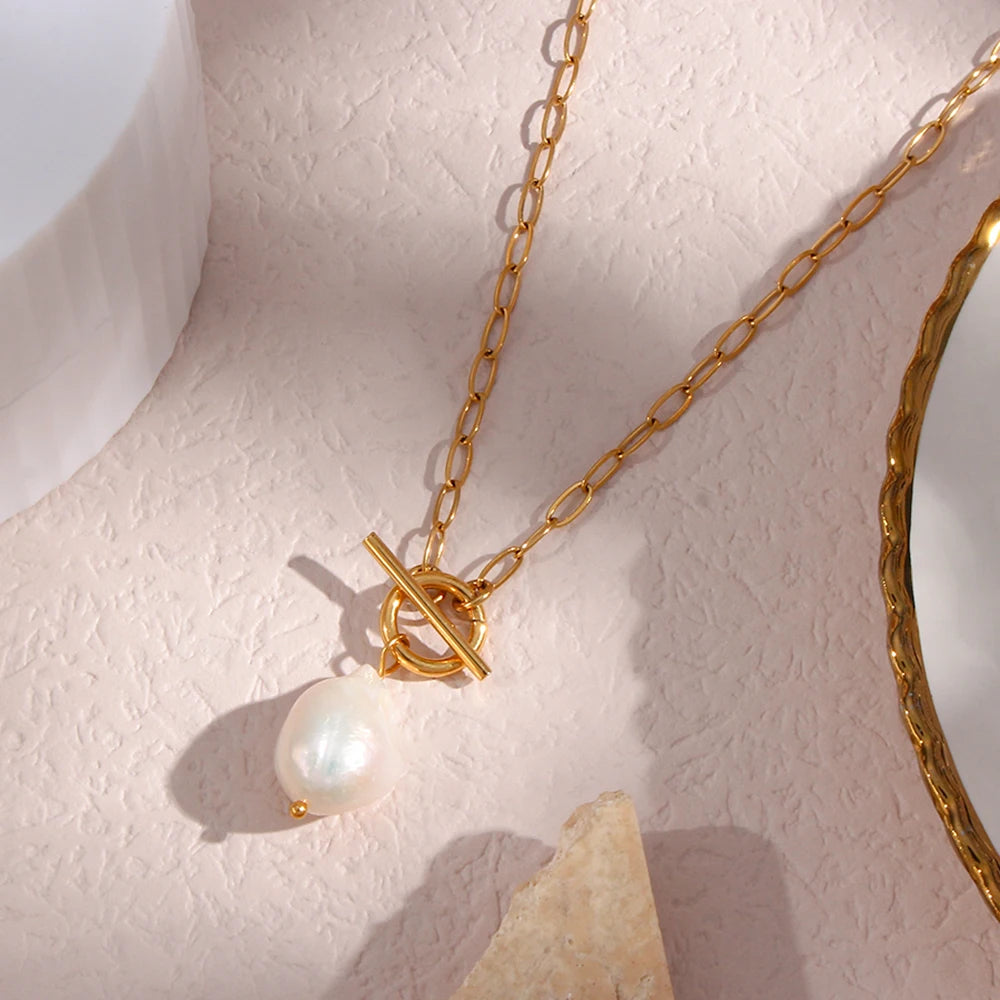 MamacitaSlay Elegant Baroque Freshwater Pearl Pendant Necklace OT Buckle 18K Gold Plated Waterproof Stainless Steel Necklace