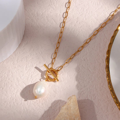 MamacitaSlay Elegant Baroque Freshwater Pearl Pendant Necklace OT Buckle 18K Gold Plated Waterproof Stainless Steel Necklace