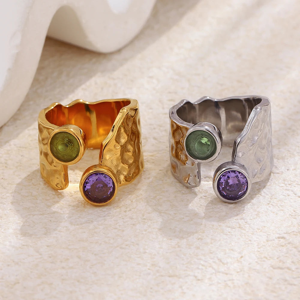 MamacitaSlay 316L Stainless Steel Hammered Texture Asymmetric Zircon Ring 18K Gold Plated Waterproof Vintage Jewelry For Women