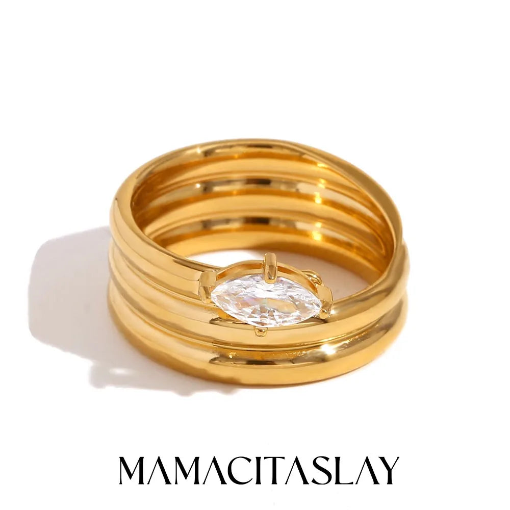 MamacitaSlay Unique 316L Stainless Steel Zircon Multilayer Wide Edge Ring Waterproof 18K Gold Plated Jewelry Women's Charm Ring