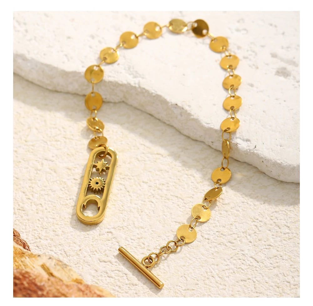MamacitaSlay 316L Stainless Steel Celestial Sun Moon Star OT Chain Bracelet 18K Gold Plated Waterproof Jewelry For Women Gift
