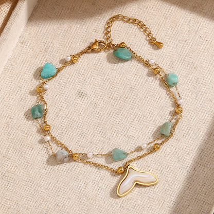 MamacitaSlay 18K Gold Plated Stainless Steel Natural Stone Double Layer Fishtail Anklet Chain Beach Party Waterproof Jewelry
