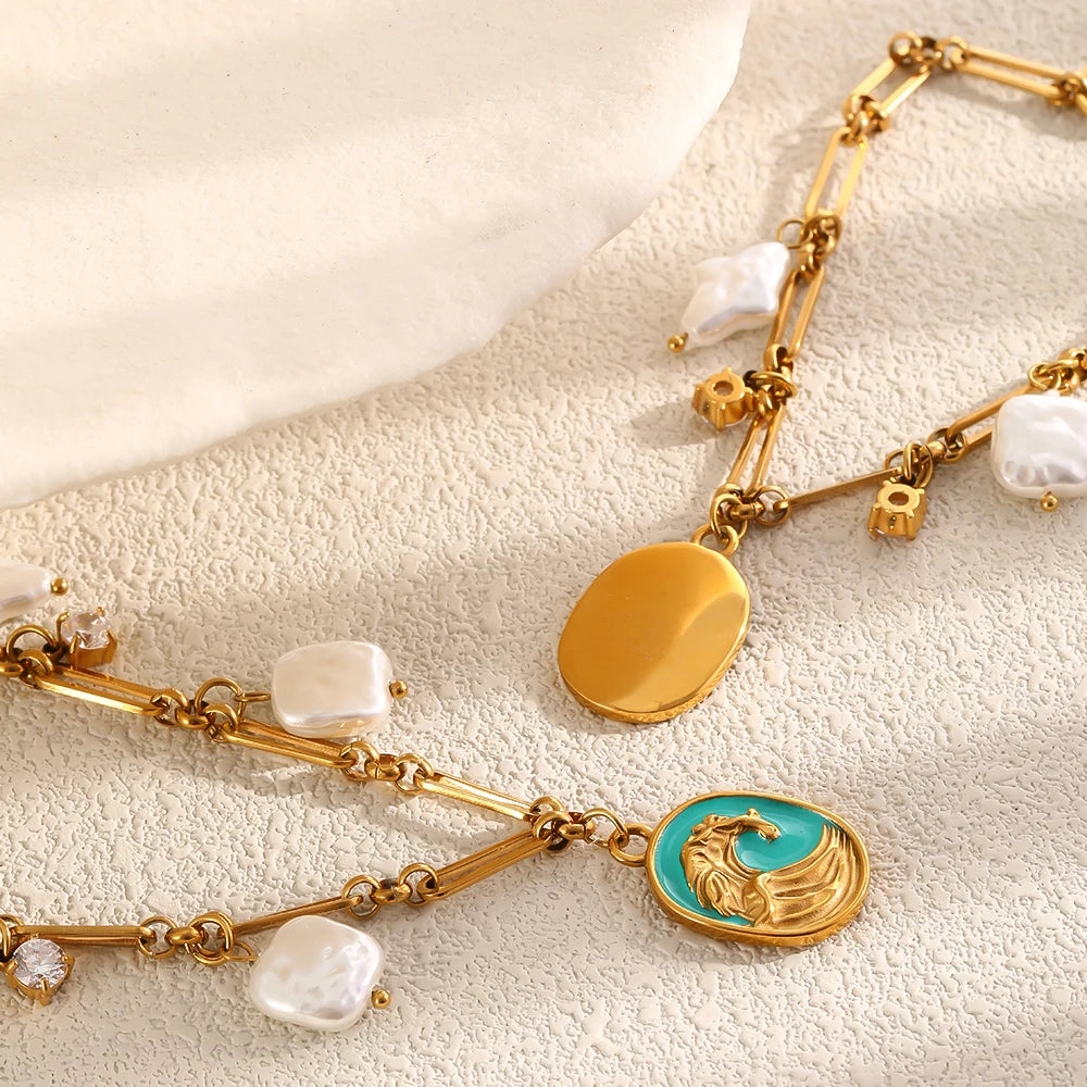 MamacitaSlay 316L Stainless Steel Baroque Pearl Enamel Pendant Bracelet Necklace 18K Gold Plated Waterproof Jewelry For Women