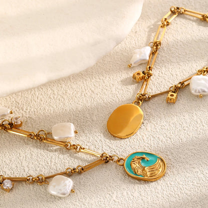 MamacitaSlay 316L Stainless Steel Baroque Pearl Enamel Pendant Bracelet Necklace 18K Gold Plated Waterproof Jewelry For Women