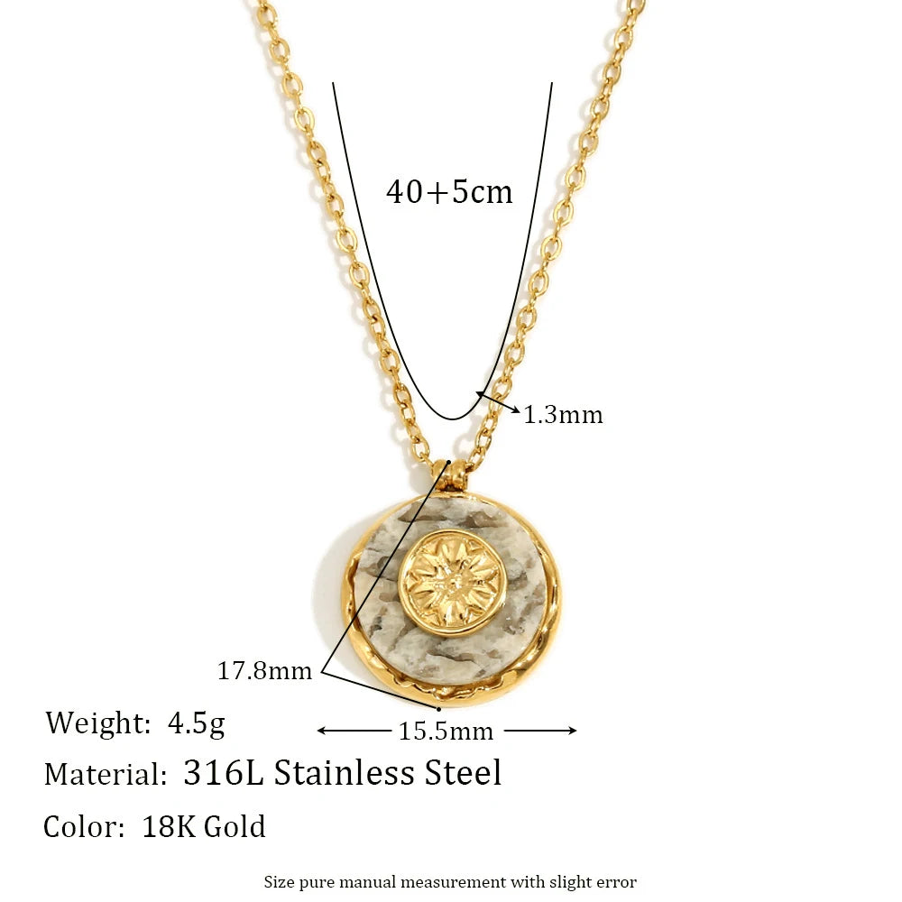 MamacitaSlay 316L Stainless Steel Marble Round Sun Necklace 18K Gold Plated Waterproof Jewelry Women's Minimalist Retro Necklace