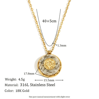 MamacitaSlay 316L Stainless Steel Marble Round Sun Necklace 18K Gold Plated Waterproof Jewelry Women's Minimalist Retro Necklace
