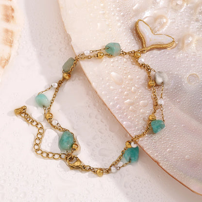 MamacitaSlay 18K Gold Plated Stainless Steel Natural Stone Double Layer Fishtail Anklet Chain Beach Party Waterproof Jewelry