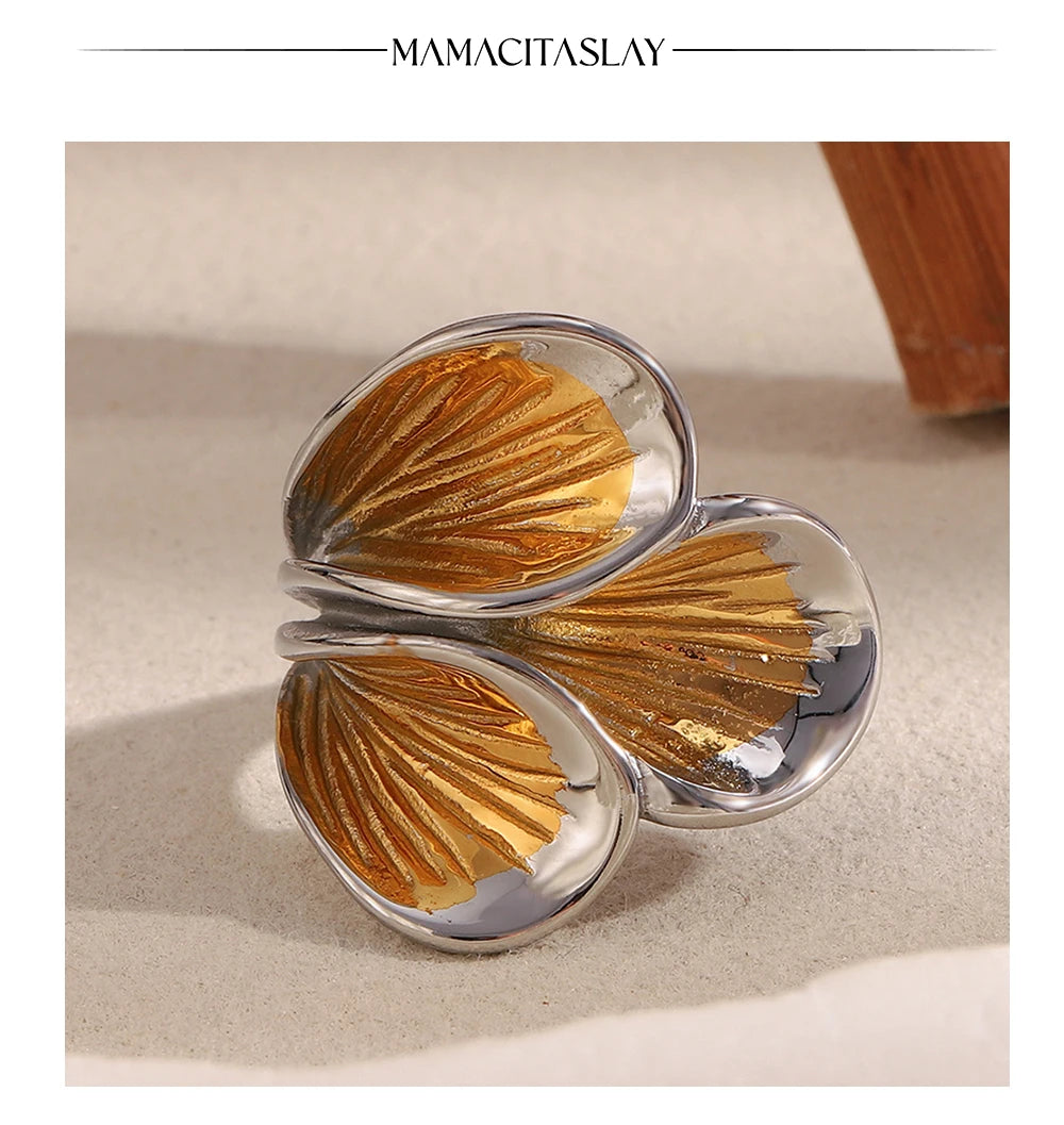 MamacitaSlay 316L Stainless Steel Two Tone Petal Ring Party Waterproof Jewelry Women's Elegant 18K Gold Plated Ring Gift 2025