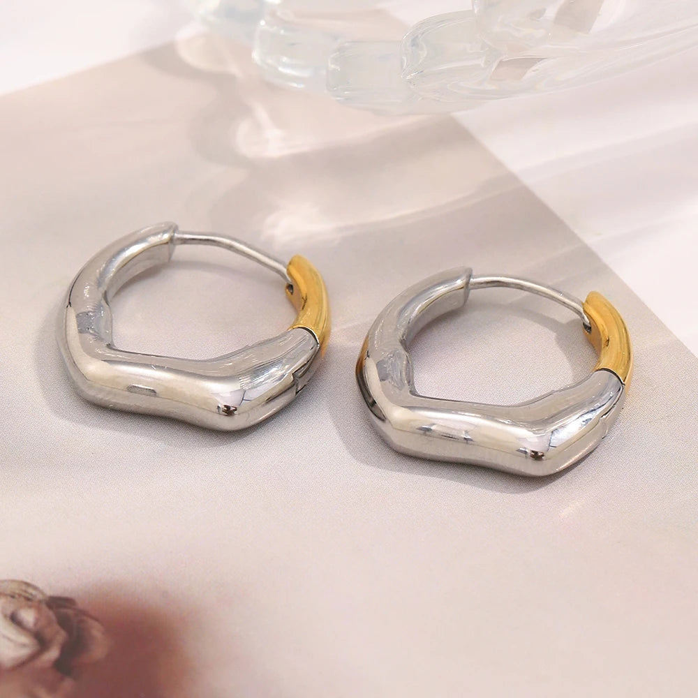 MamacitaSlay 316L Stainless Steel Double Color Irregular Hoop Earrings Party Waterproof Jewelry Women's 18K Gold Plated Earrings