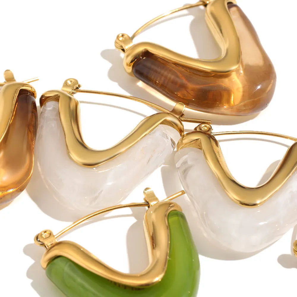 MamacitaSlay 316L Stainless Steel Resin V Shape Hoop Earrings 18K Gold Plated Waterproof Jewelry For Women Statement Earrings