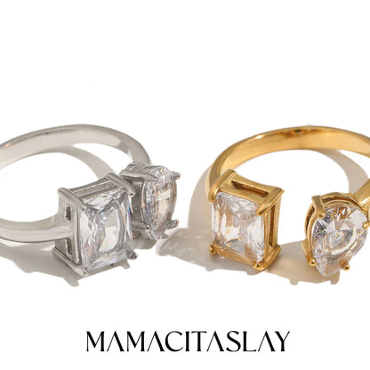 MamacitaSlay 316L Stainless Steel Zircon Asymmetric Adjustable Ring 18K Gold Plated Waterproof Jewelry For Women Trendy Ring