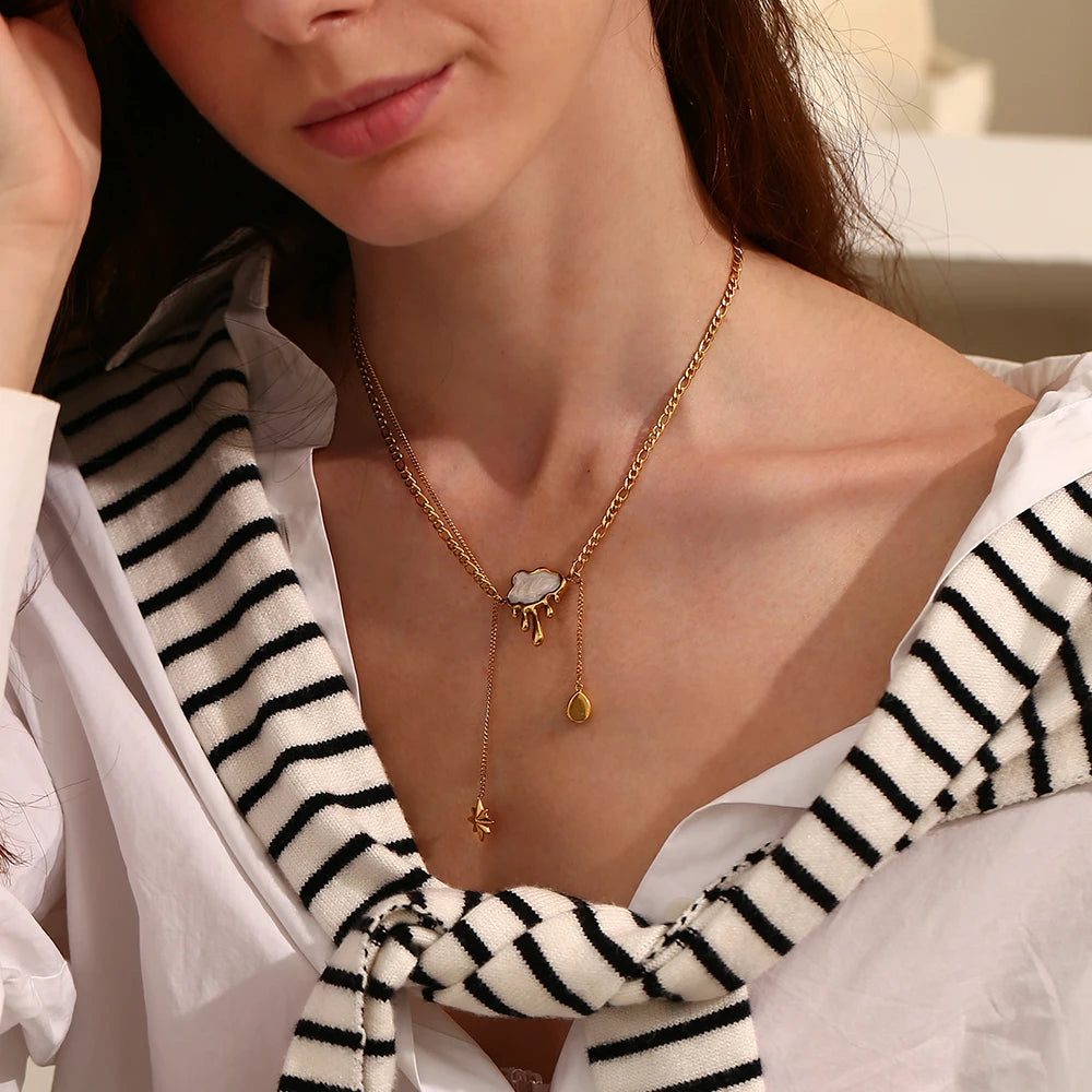 MamacitaSlay Exclusive 18K Gold Plated Stainless Steel Cloud Tassel Star Necklace Waterproof Jewelry Women's Collarbone Chain