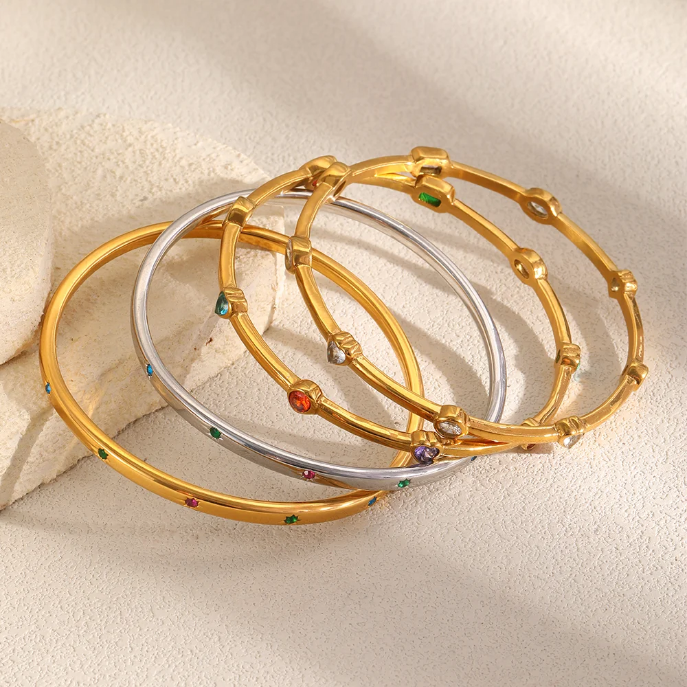 MamacitaSlay 316L Stainless Steel Colorful Zircon Heart Star Bangle 18K Gold Plated Waterproof Stackable Jewelry For Women Gift