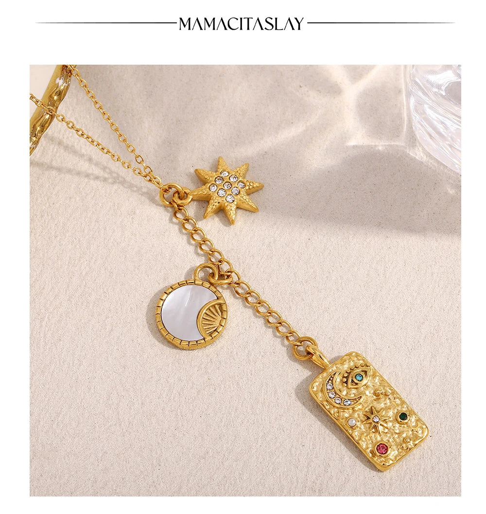 MamacitaSlay Unique 316L Stainless Steel Star Moon Evil Eye Zircon Necklace Ring 18K Gold Plated Waterproof Jewelry For Women