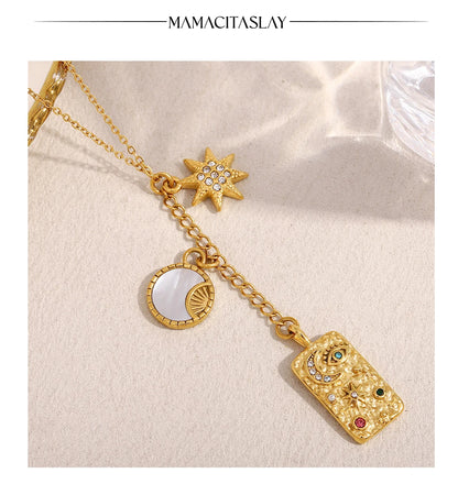 MamacitaSlay Unique 316L Stainless Steel Star Moon Evil Eye Zircon Necklace Ring 18K Gold Plated Waterproof Jewelry For Women