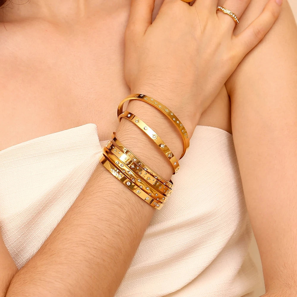 18K Gold Plated Deliacte Luxury Colorful Zircon Shiny Stars Cuff Bangles High Quality Waterproof Jewelry Bracelets for Women
