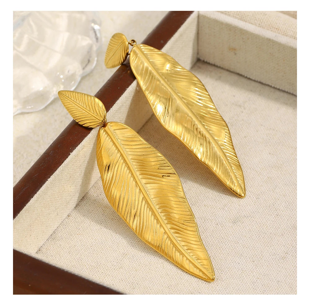 MamacitaSlay 316L Stainless Steel Double Leaf Dangle Earrings 18K Gold Plated Waterproof Jewelry For Women Statement Earrings
