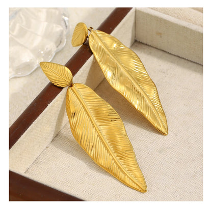 MamacitaSlay 316L Stainless Steel Double Leaf Dangle Earrings 18K Gold Plated Waterproof Jewelry For Women Statement Earrings