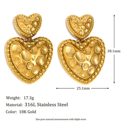 MamacitaSlay Vintage 316L Stainless Steel Hammered Double Heart Earrings 18K Gold Plated Waterproof Jewelry For Women Daily Wear