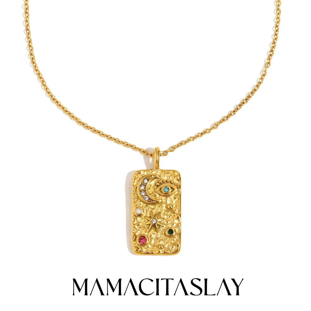 MamacitaSlay Unique 316L Stainless Steel Star Moon Evil Eye Zircon Necklace Ring 18K Gold Plated Waterproof Jewelry For Women