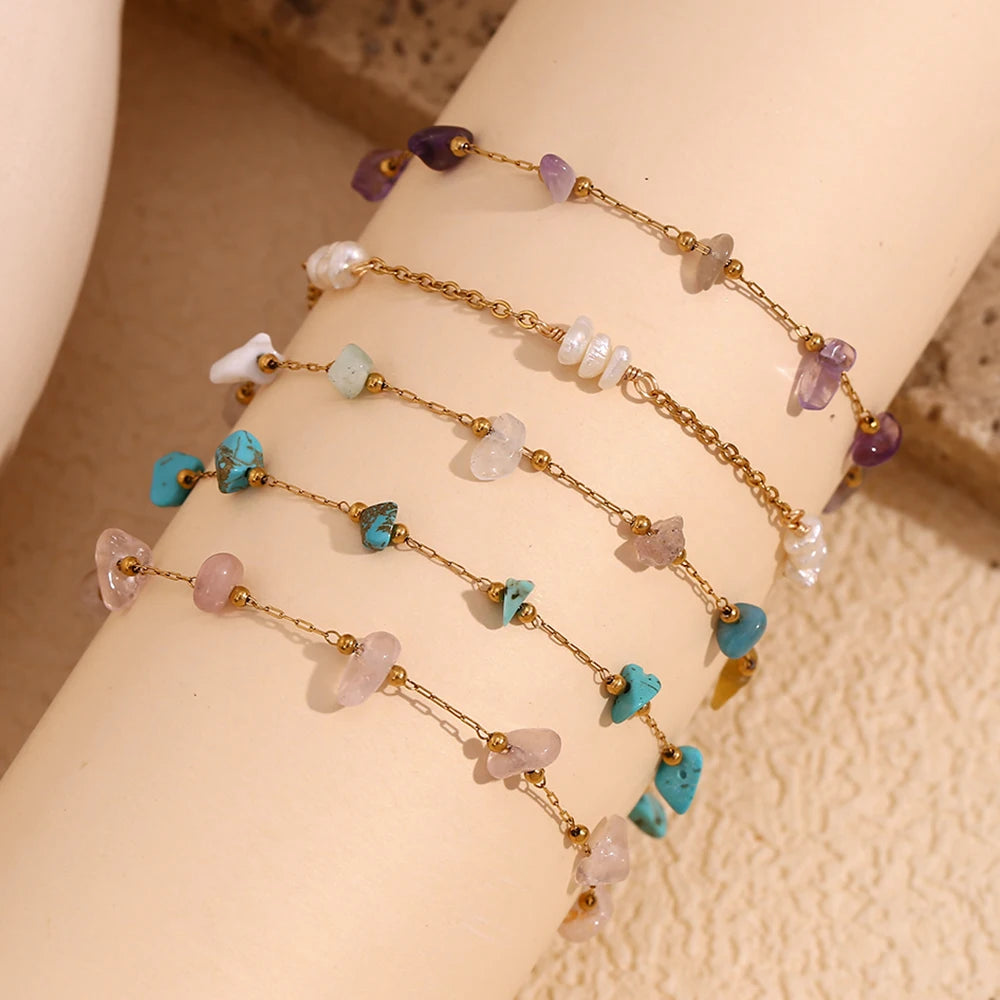 MamacitaSlay Summer Beach Waterproof Irregular Natural Stone Freshwater Pearl Anklets Stainless steel jewelry woman Gift