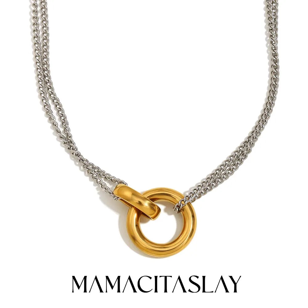 MamacitaSlay Minimalist Stainless Steel Ring Double Color Necklace Suitable For Women's Charm Waterproof Neck Jewelry Party Gift